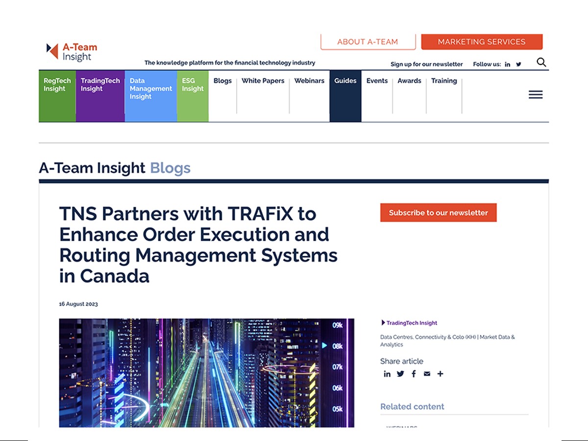 A-Team Insight cover TNS' latest partnership with trading and connectivity solutions provider TRAFiX.